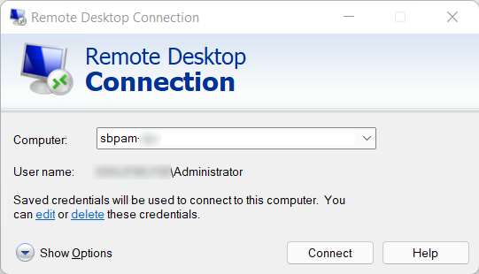 Screenshot of a credential saved in Remote Desktop Connection, the built-in Windows RDP client, for the Netwrix Privilege Secure Proxy Server.