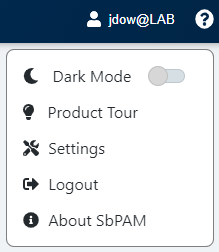 The SbPAM web application interface's user settings menu dropdown.