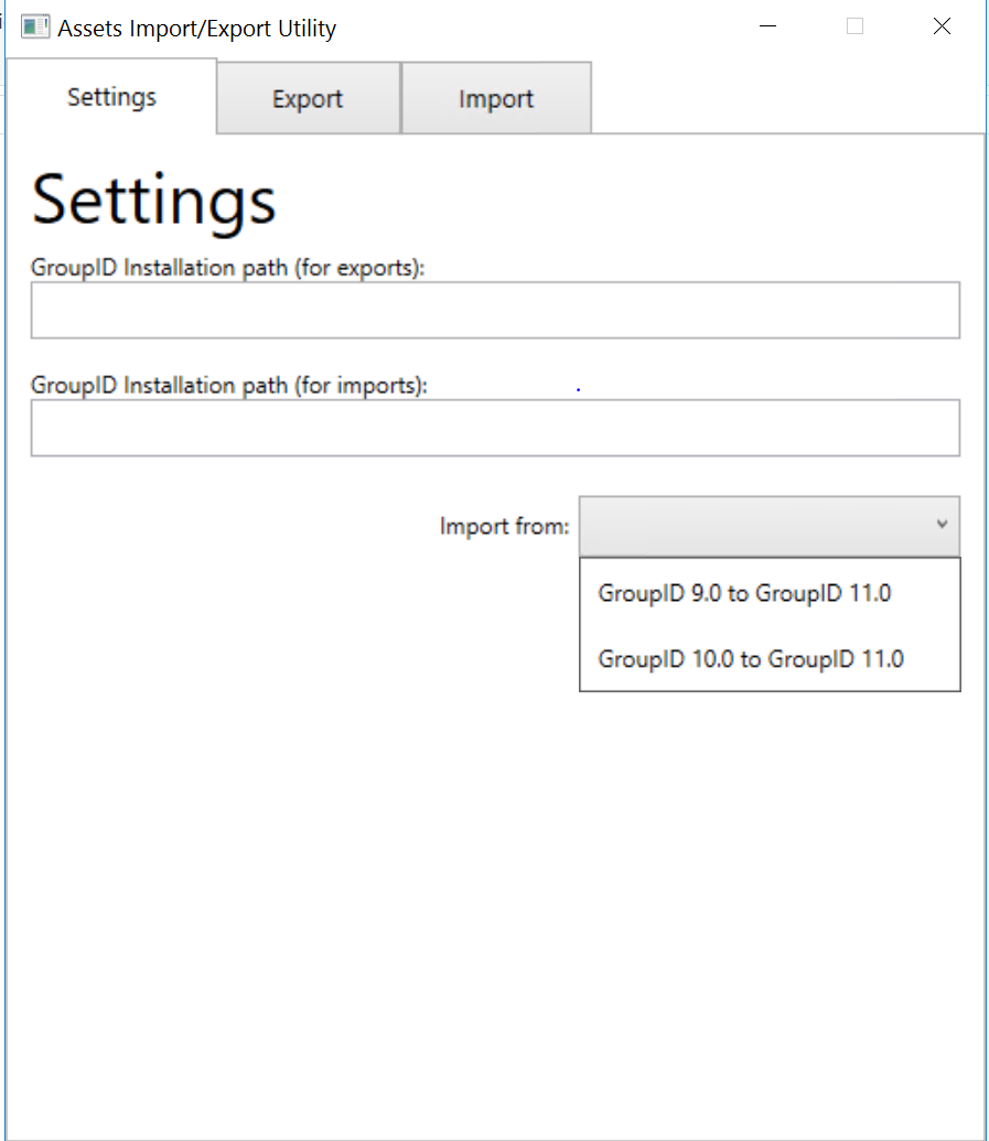 Asset Export utility main screen on Directory Manager 10