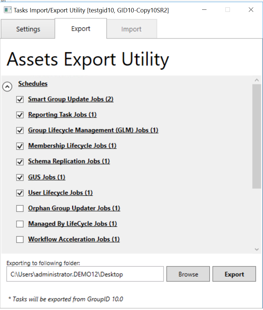 Selecting schedules and synchronize jobs for export