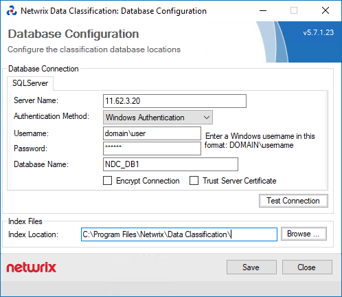 conceptConfig.exe configuration window with database server and credentials fields visible