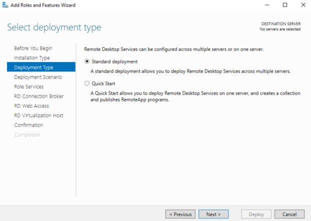 Screenshot of Windows Server Add Roles and Features Wizard, demonstrating a Remote Desktop Services installation.