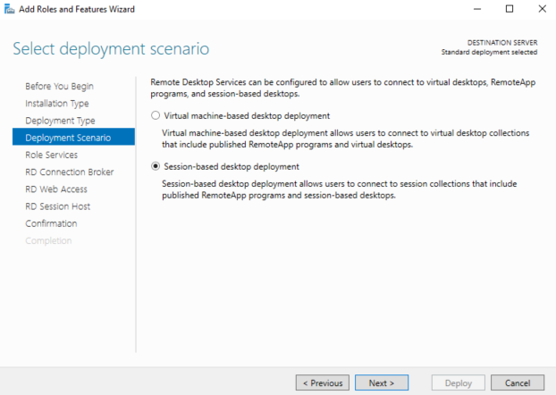 Screenshot of Windows Server Add Roles and Features Wizard, demonstrating a Remote Desktop Services installation.