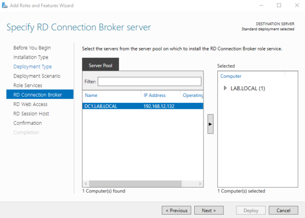 Screenshot of Windows Server Add Roles and Features Wizard, demonstrating a Remote Desktop Services installation.