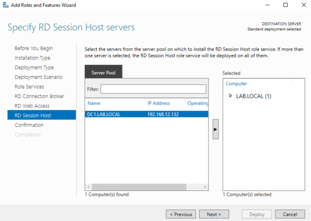 Screenshot of Windows Server Add Roles and Features Wizard, demonstrating a Remote Desktop Services installation.