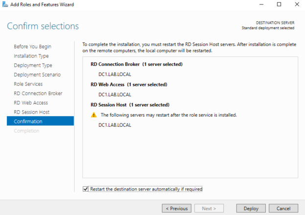 Screenshot of Windows Server Add Roles and Features Wizard, demonstrating a Remote Desktop Services installation.