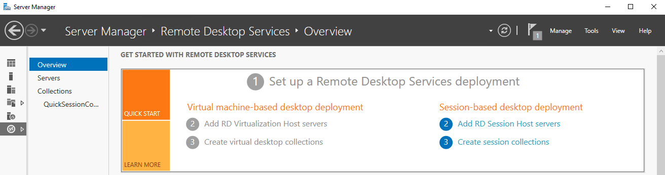 Screenshot of Windows Server Manager's Remote Desktop Services overview user interface.