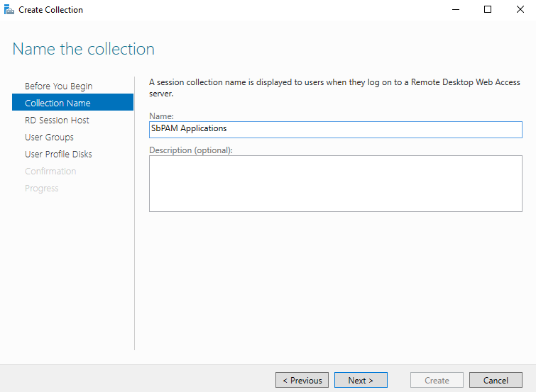 Screenshot of Windows Remote Desktop Service's Create Collection wizard.