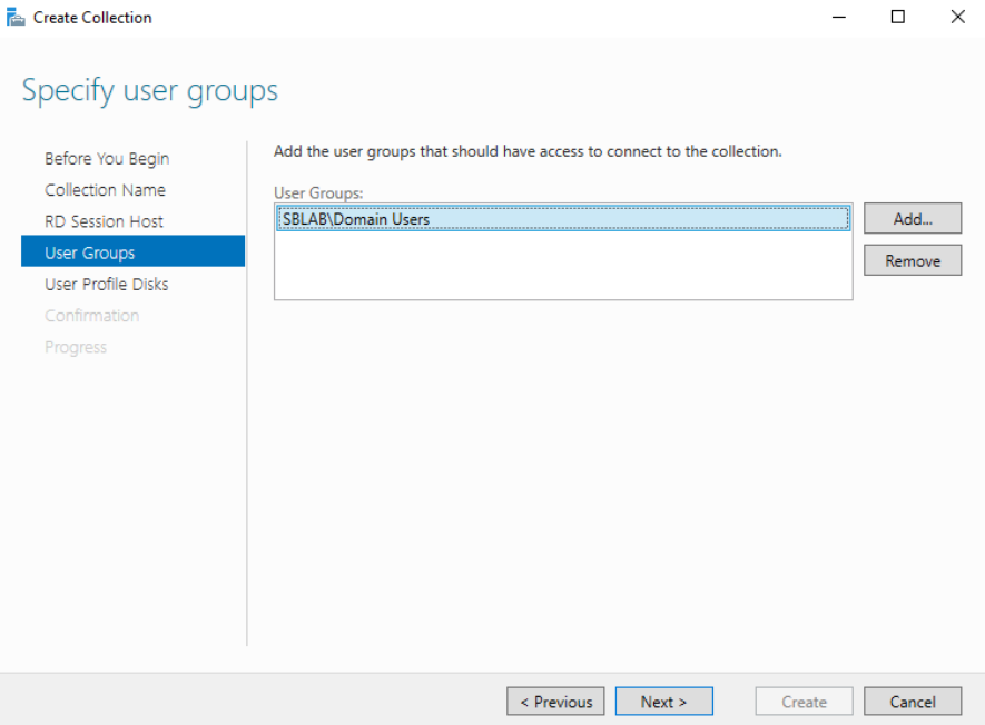 Screenshot of Windows Remote Desktop Service's Create Collection wizard.