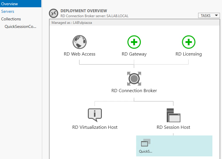 Screenshot of Windows Remote Desktop Services Overview in Server Manager, demonstrating an added RD Session Host.