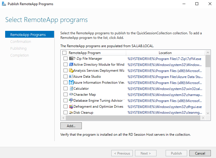 Screenshot of the Publish RemoteApp Program wizard for Windows Remote Desktop Services, demonstrating how to add a RemoteApp to the list of programs.