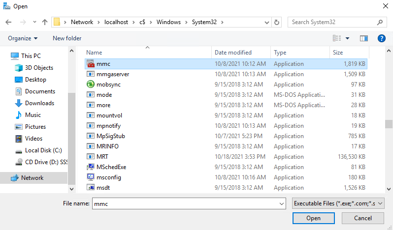 Screenshot of Windows Explorer, being used to add mmc.exe as a RemoteApp Program for Windows Remote Desktop Services.