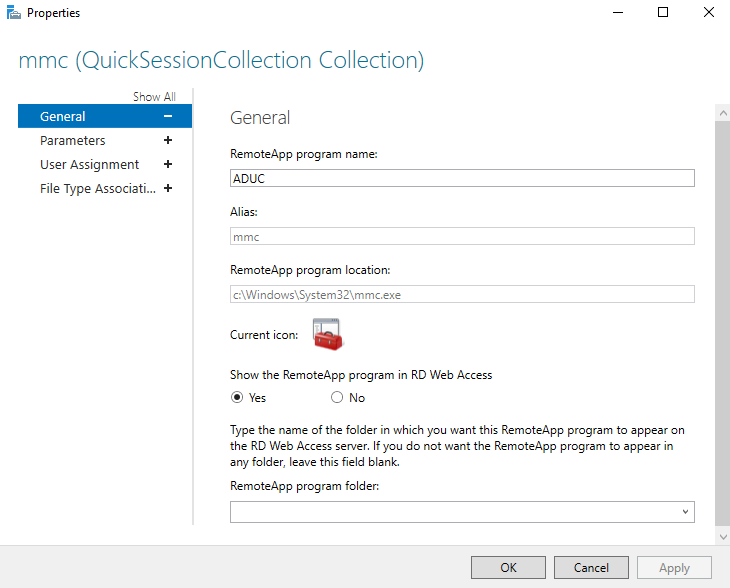 Screenshot of editing the name of a published RemoteApp in Windows Remote Desktop Services.