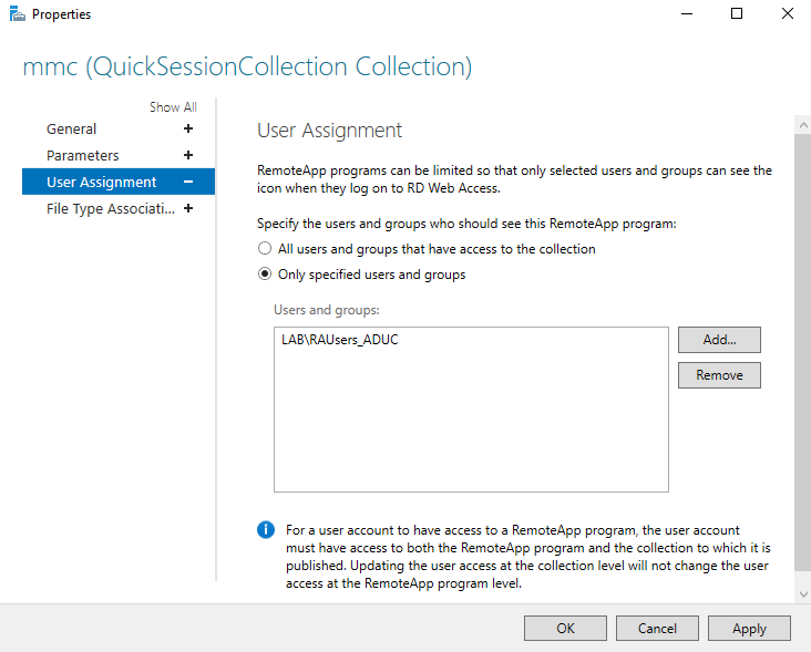 Screenshot of defining which Active Directory group(s) can access a published RemoteApp in Windows Remote Desktop Services.
