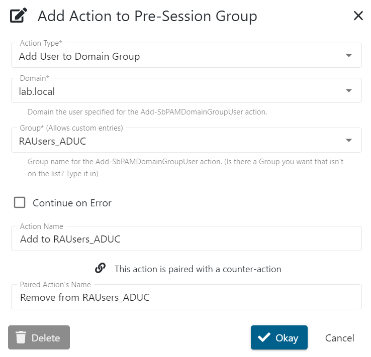 Screenshot of adding a Add User to Domain Group action step for Active Directory group RAUsers_ADUC to a Netwrix Privilege Secure activity's pre-session.