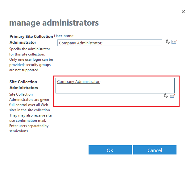 Site Collection Administrators dialog