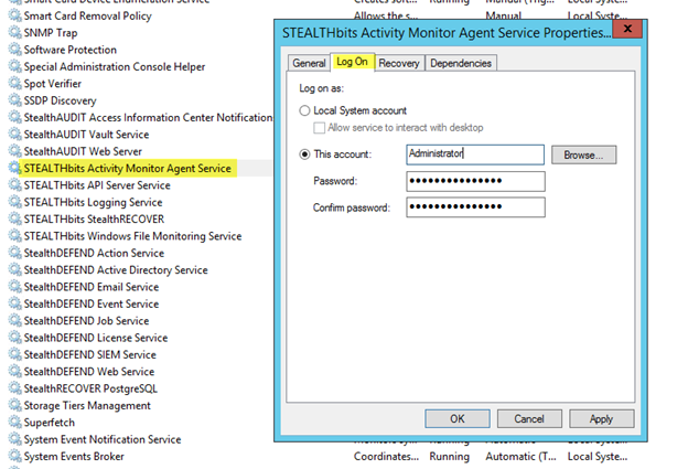 Screenshot: Windows Service Properties > Logon tab