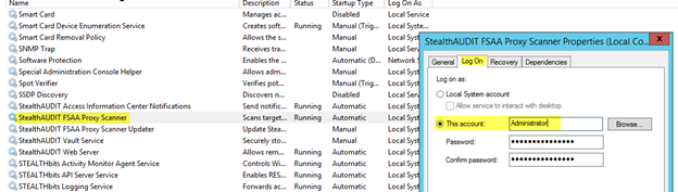 Screenshot: FSAA Proxy service Properties > Log On tab