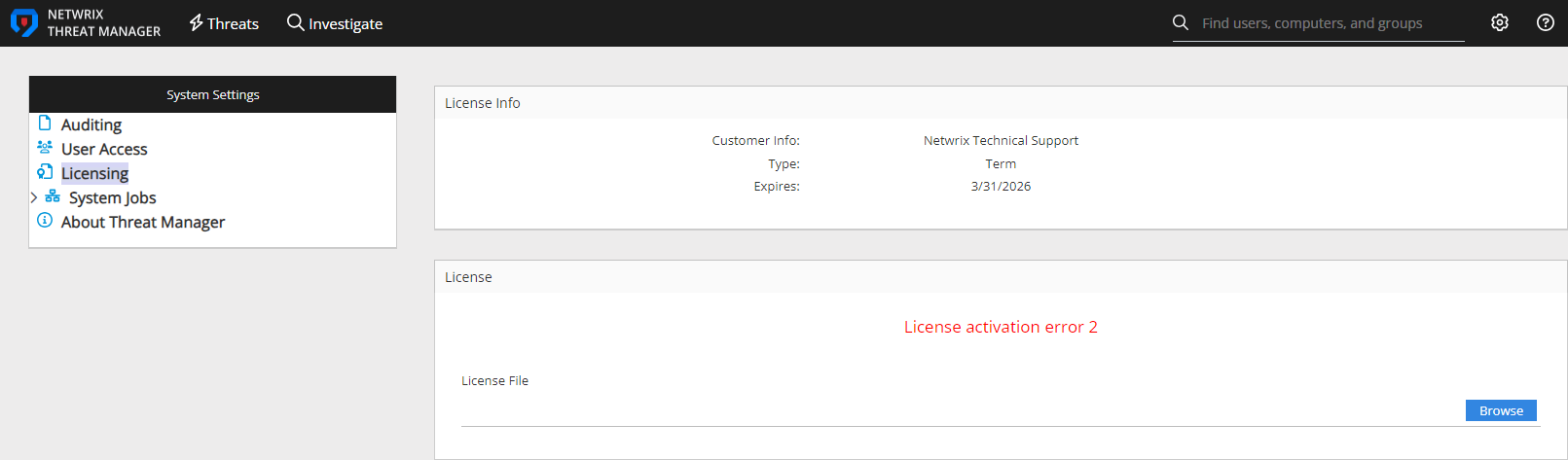 Licensing error screenshot