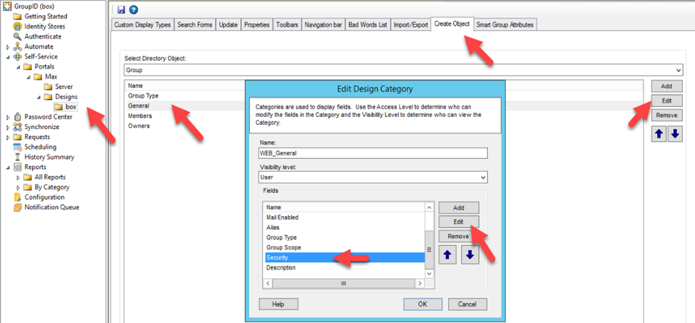 Edit Design Category dialog box with Security field selected