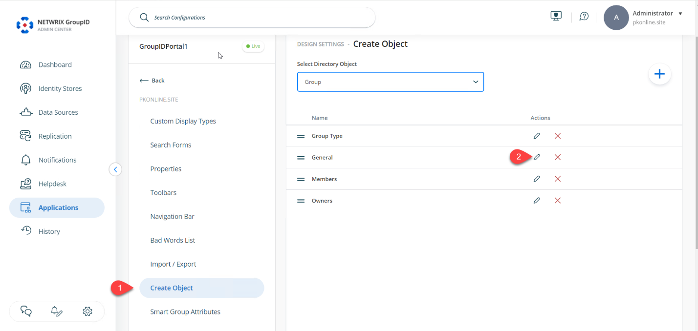 Create Object tab with Group selected