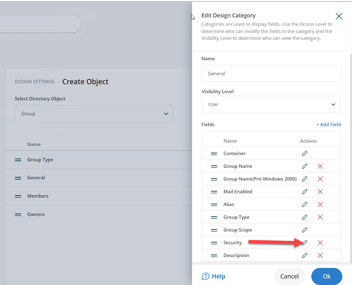 Edit Design Category dialog box with Security field selected