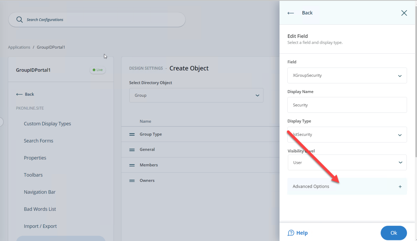 Edit Field dialog box with Advanced options link