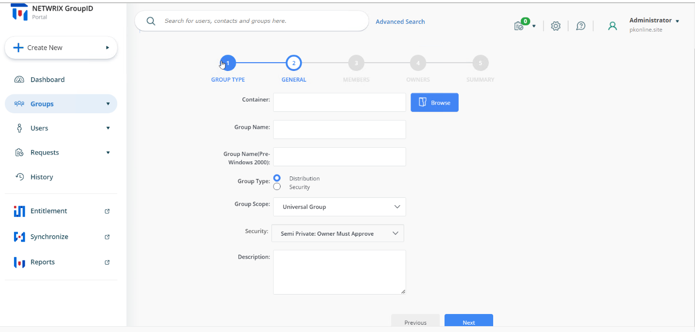 Create Group wizard with Security drop-down list disabled