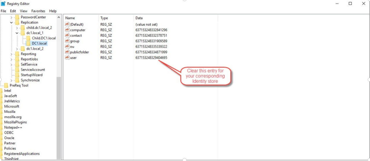 Registry editor showing Replication key and users value