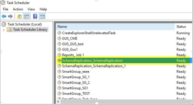 Task Scheduler with Schema Replication task highlighted