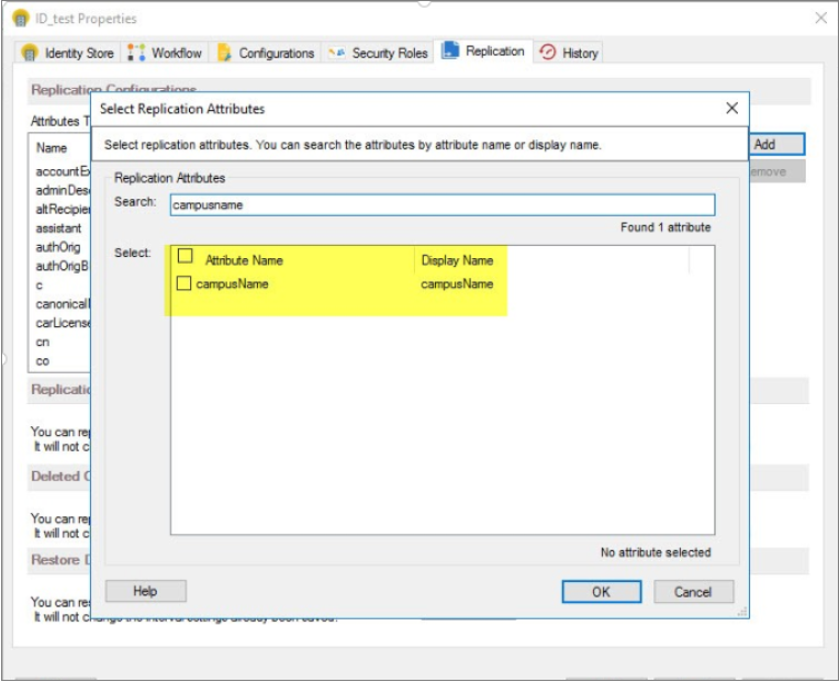 Replication tab in Identity Store properties with custom attribute added