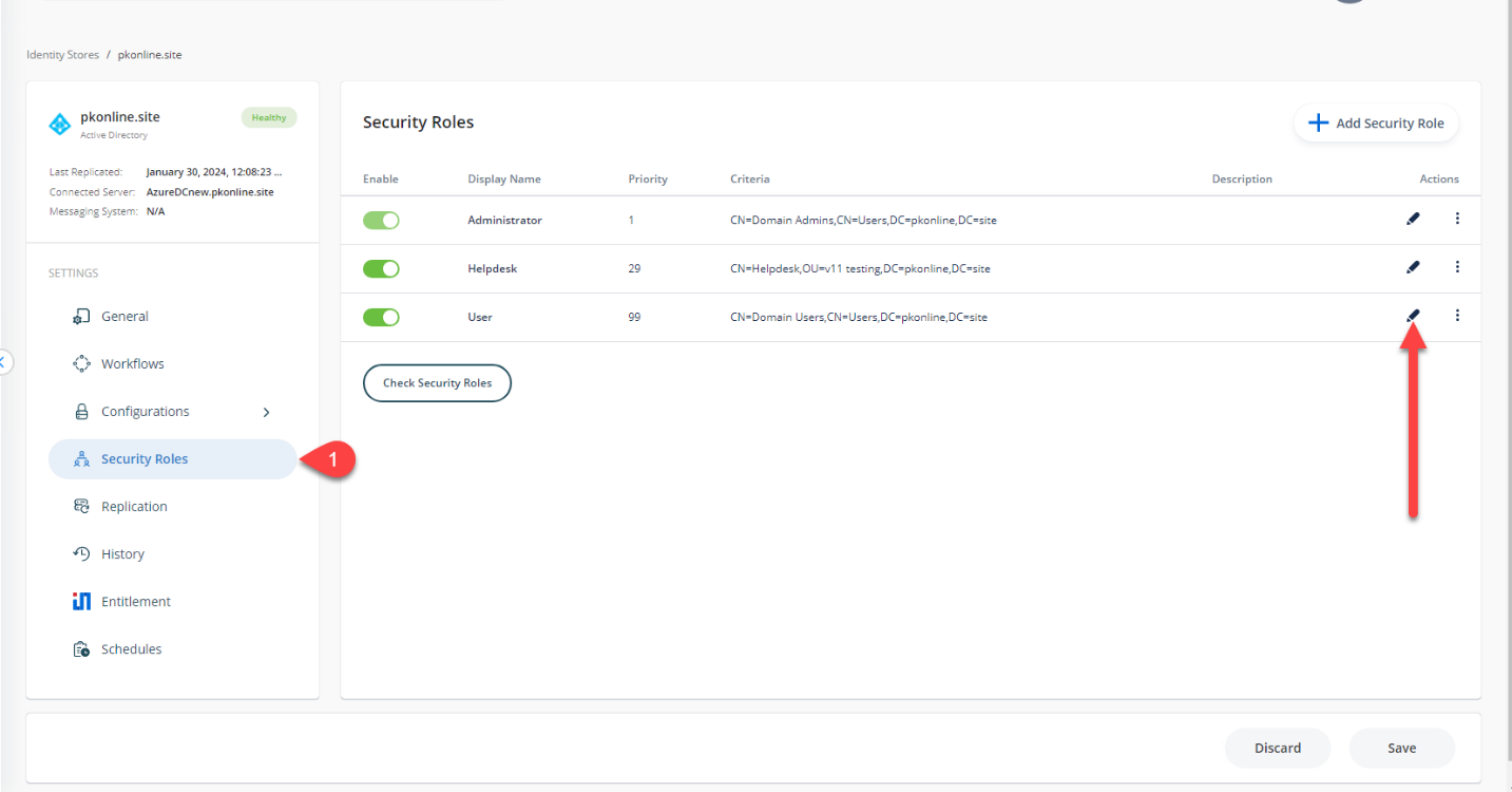 Security Roles tab and Edit button in Directory Manager Admin Portal