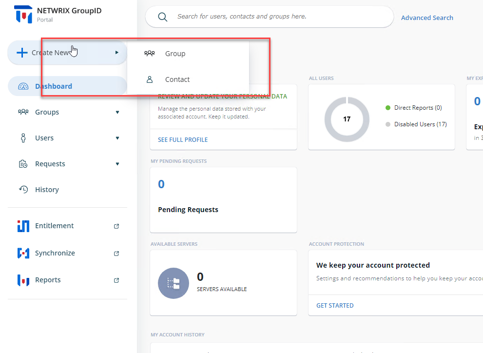 User portal showing only group and contact creation options