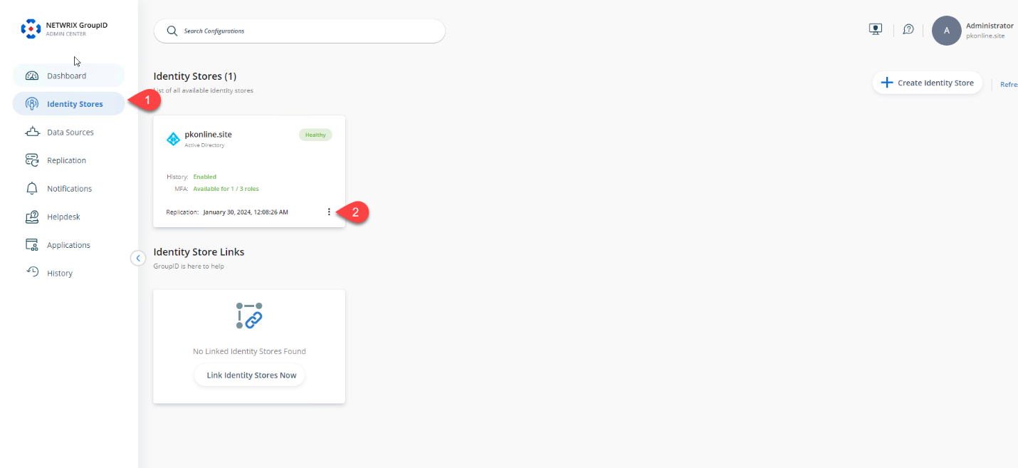 Identity Stores list with edit option highlighted in Directory Manager Admin Portal