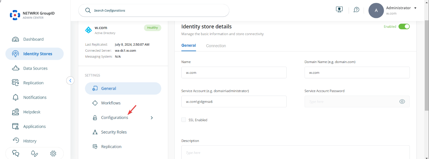 Configurations button in Directory Manager Admin Center