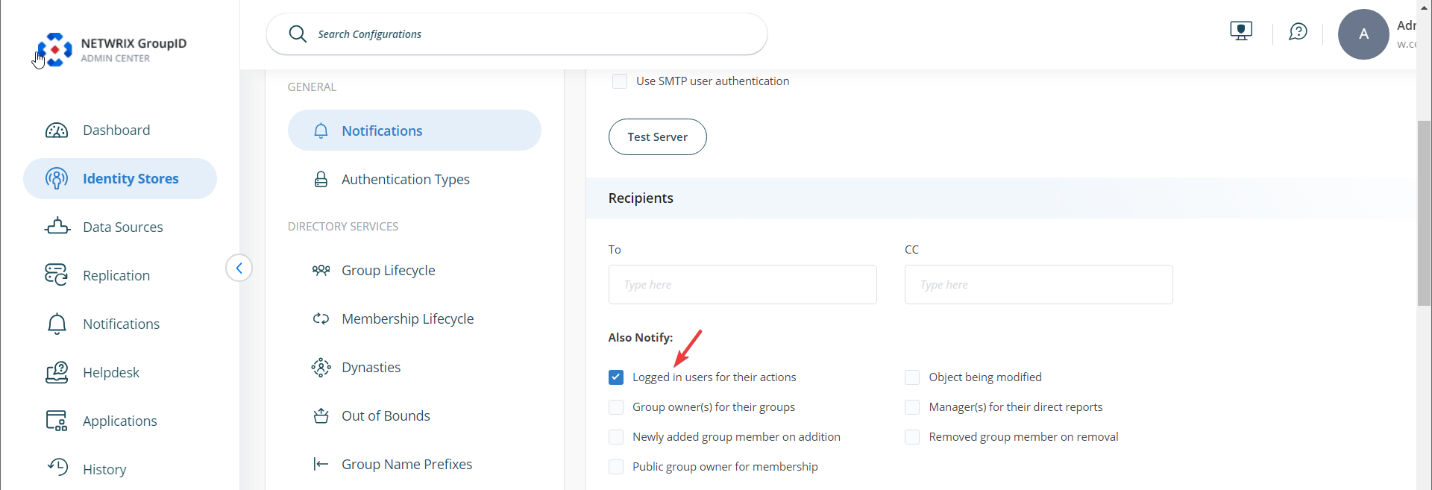 Also Notify option with Logged in users for their actions checkbox selected