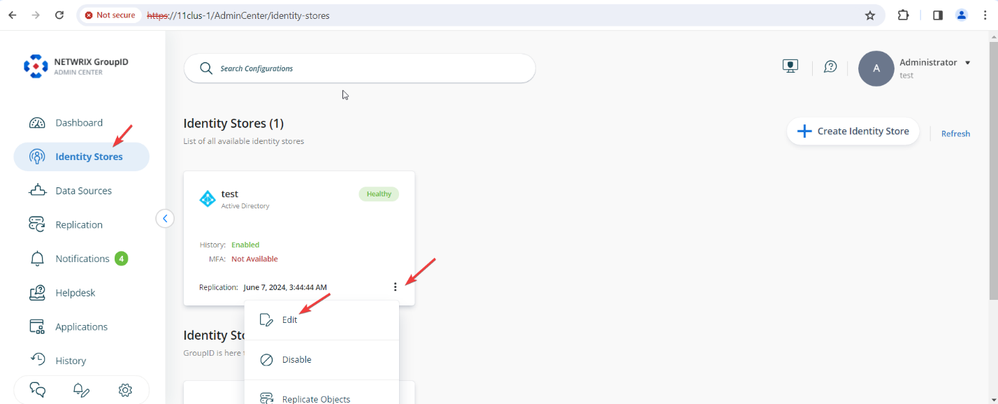 Identity Stores list with edit option highlighted in Directory Manager Admin Center