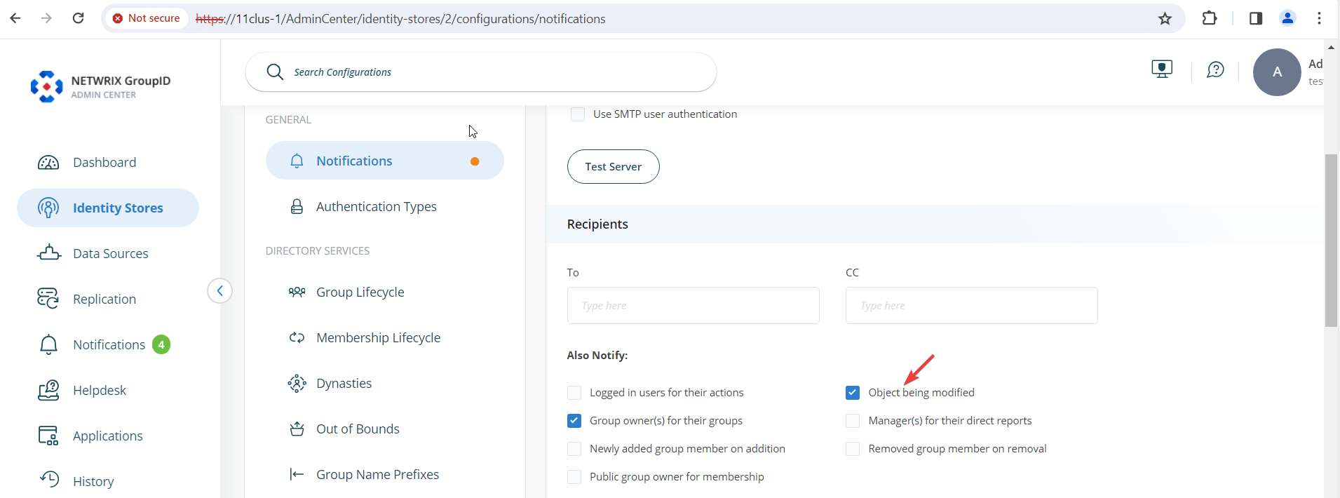 Also Notify option with Object being modified checkbox selected