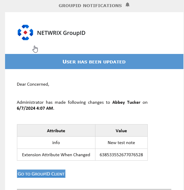 Sample email notification sent to user after profile modification in Directory Manager