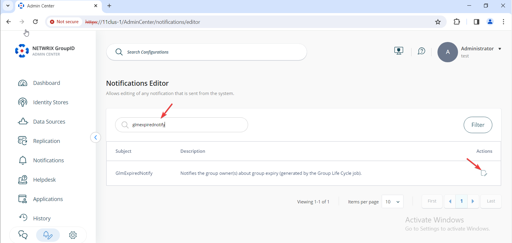 List of notifications with Edit option in Directory Manager