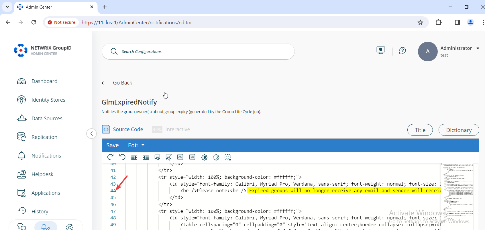 Source Code tab with editable email body in Directory Manager