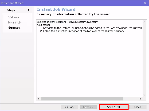 Summary page of Instant Job Wizard with Save & Exit button highlighted