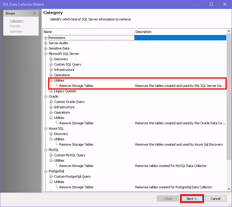 Category page with Utilities > Remove Storage Tables option highlighted