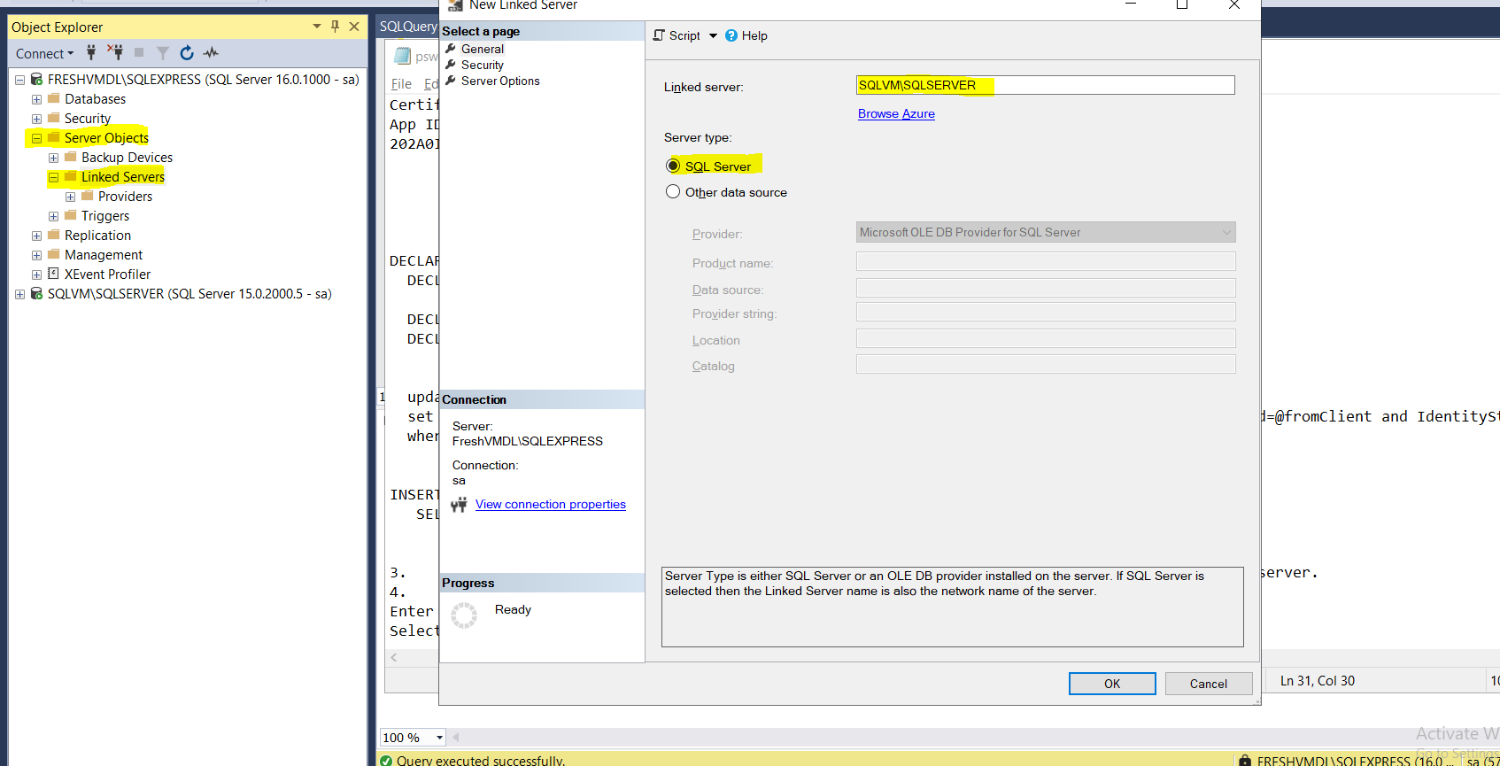 Linked server properties window
