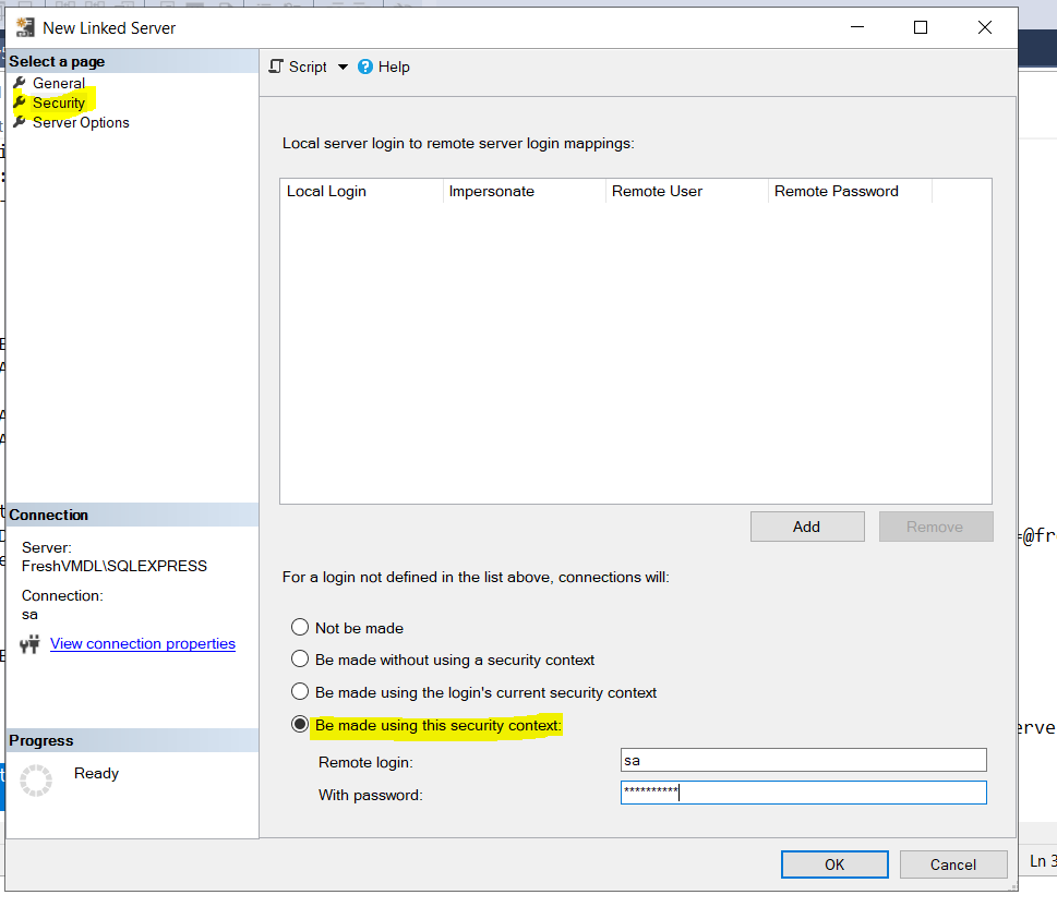 Linked server security settings