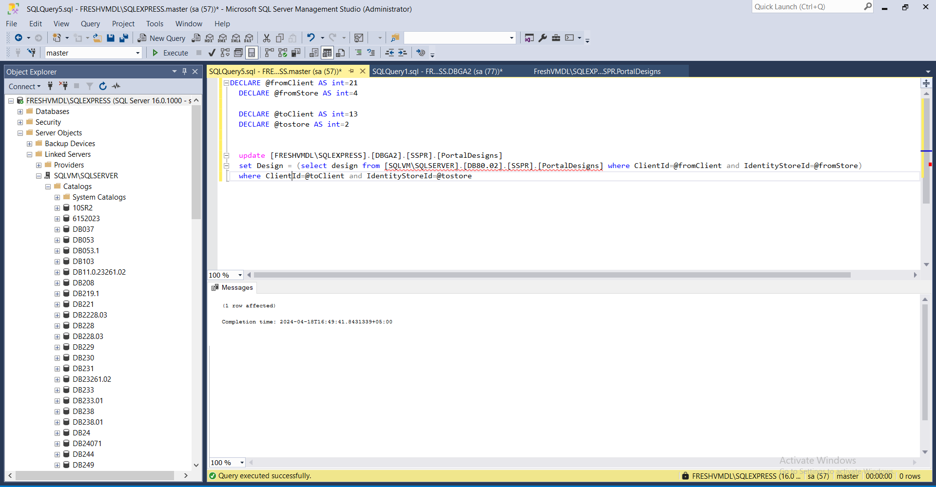 Screenshot of executed SQL query for linked server