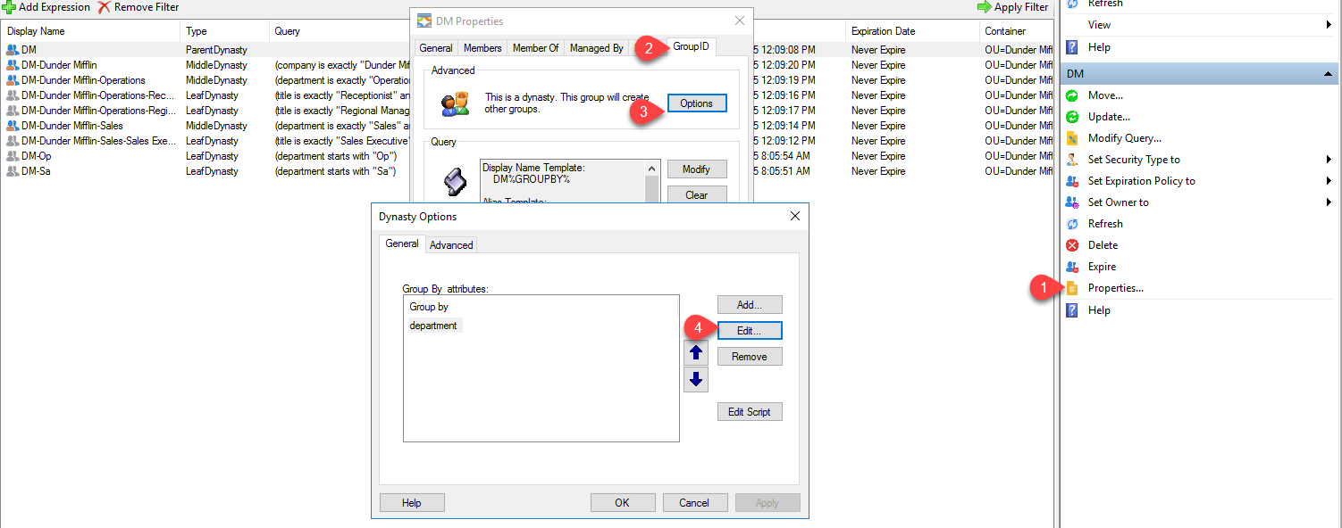 Dynasty Option in an existing parent dynasty in Netwrix Directory Manager 10