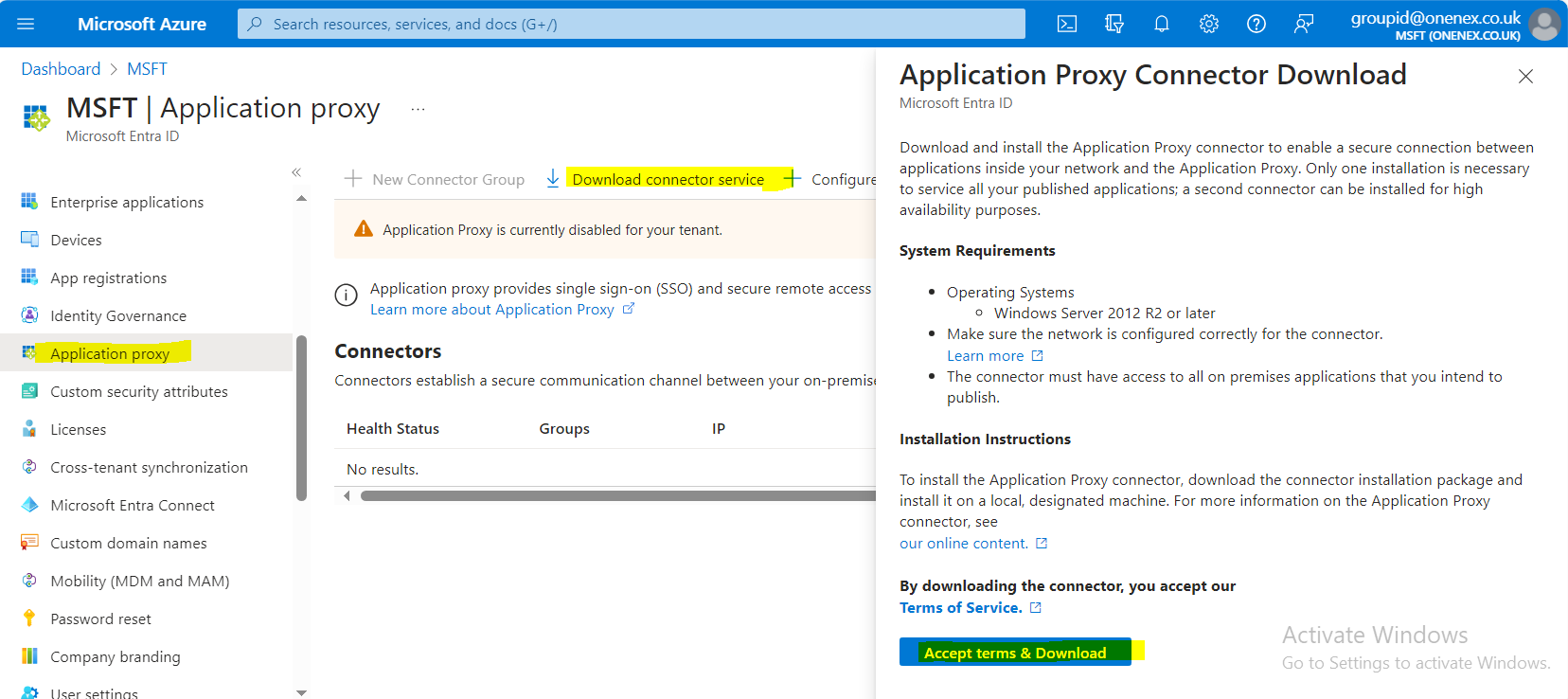 Entra Tenant Application Proxy configuration screen with key fields visible