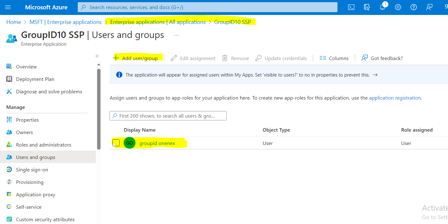 Assigning users to the application in App Registration