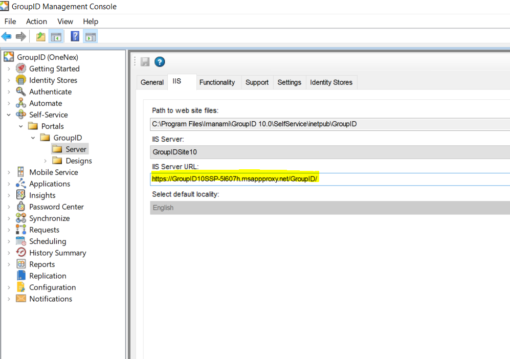 Portal URL configuration screen